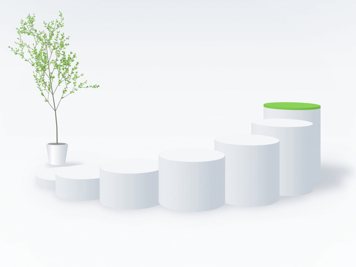 Abstract architectural illustration of round white stepping platforms rising in an arc beside a green plant