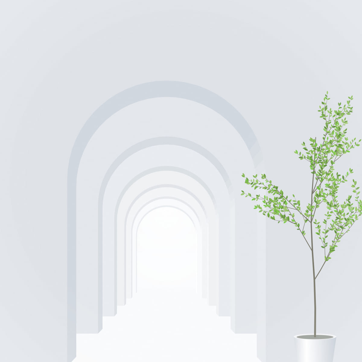 Abstract architectural illustration looking through a calm sequence of white arches towards the light