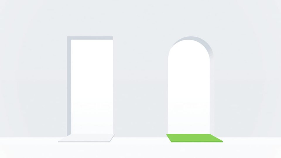 Abstract architectural illustration of two doorways in a white wall, one marked with a green threshold