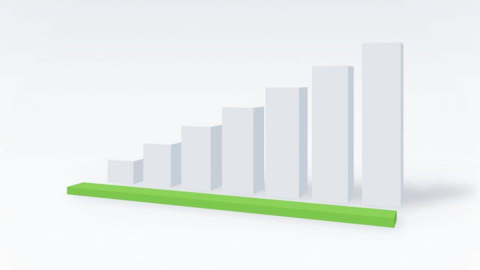 Abstract architectural illustration of white pillars rising in height beside a flat green slab