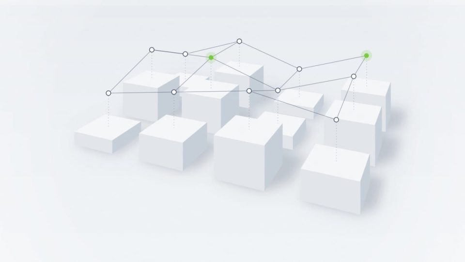 Abstract architectural illustration of small white blocks connected by a light network of nodes
