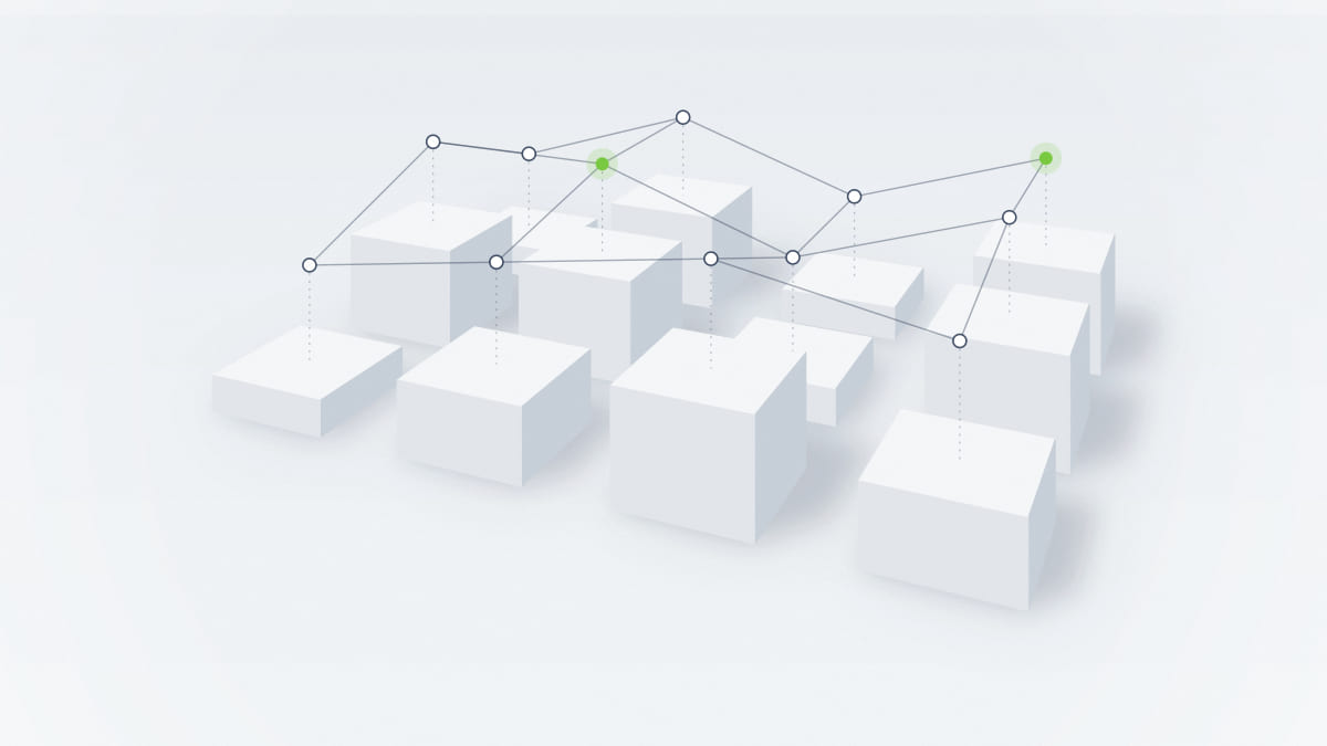 Abstract architectural illustration of small white blocks connected by a light network of nodes