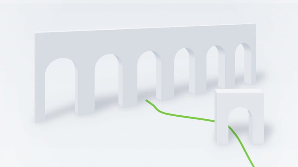 Abstract architectural illustration of a small white gateway leading along a green path to a long arcade