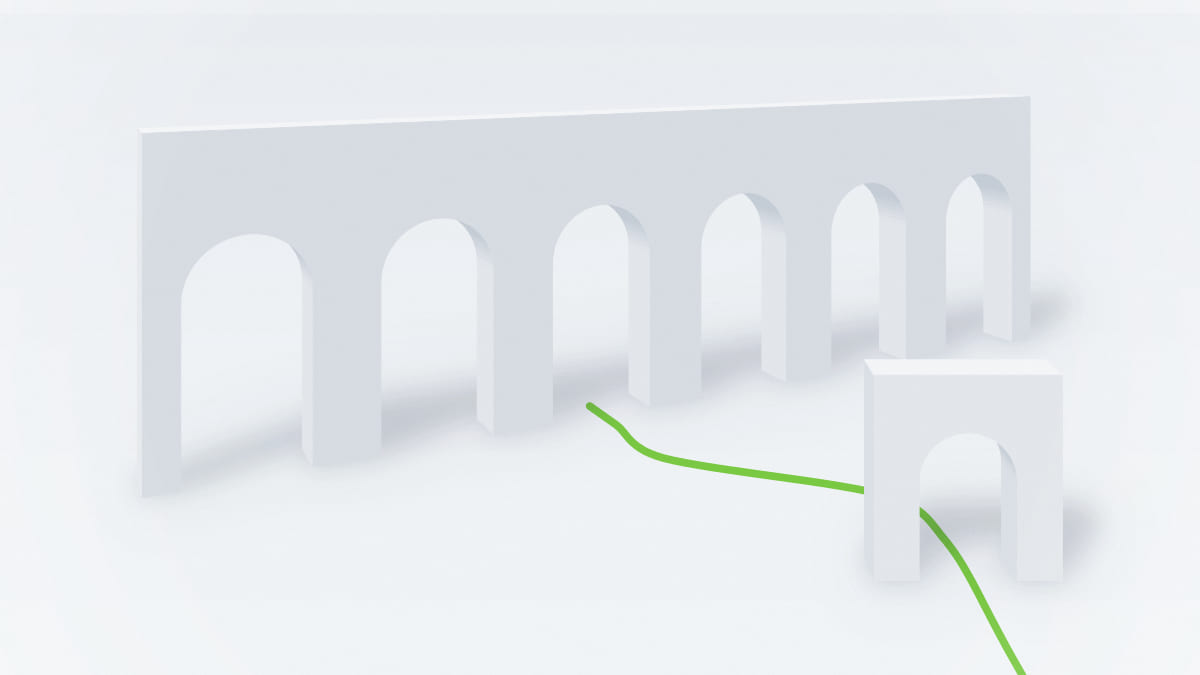 Abstract architectural illustration of a small white gateway leading along a green path to a long arcade