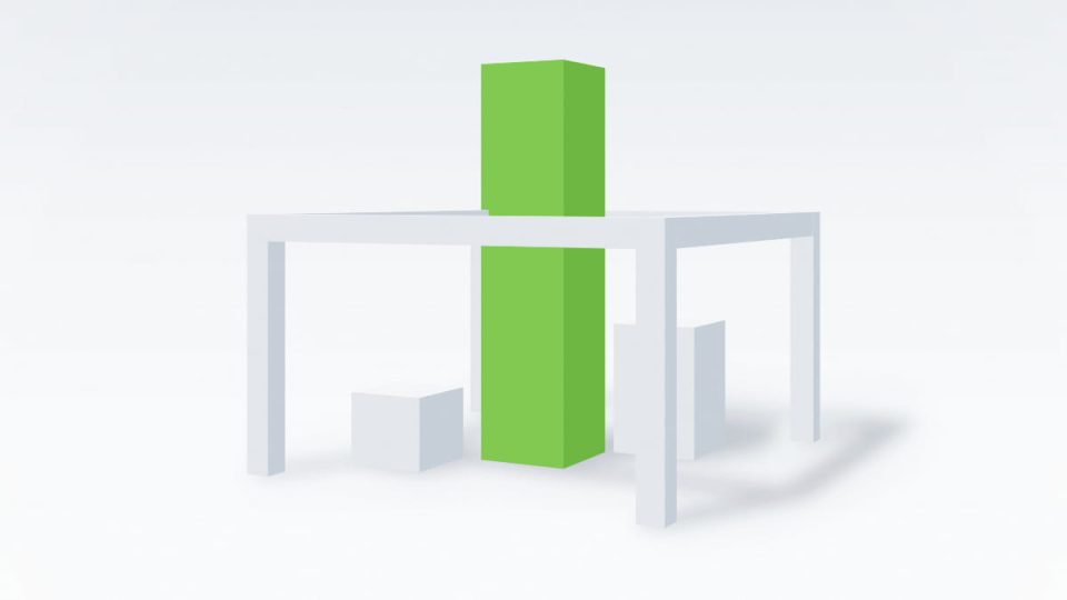 Abstract architectural illustration of a green volume rising above the white frame that once contained it
