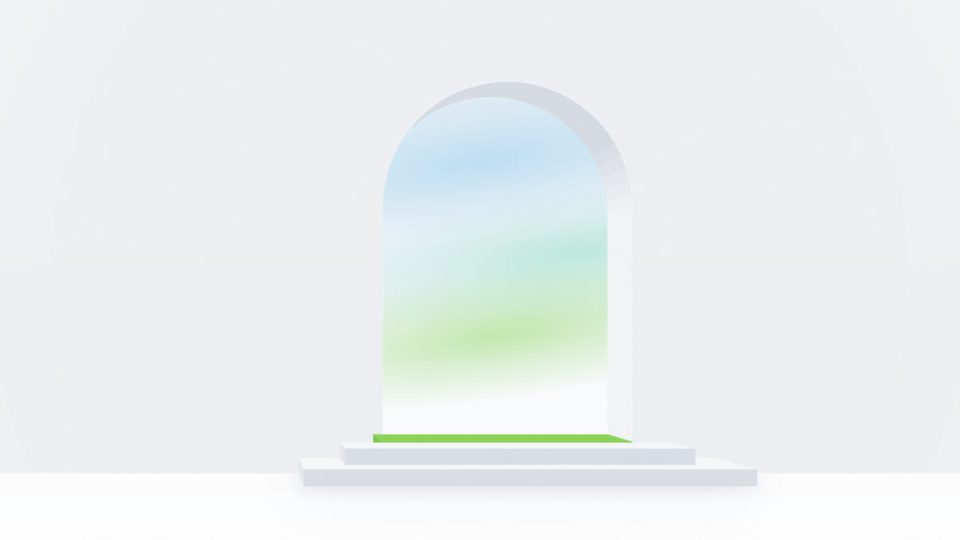 Abstract architectural illustration of a tall arched opening in a white wall revealing a soft northern glow