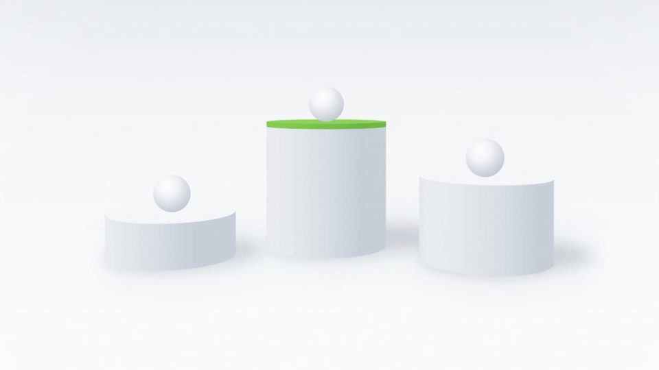 Abstract architectural illustration of three white cylindrical tiers of different heights, one topped in green