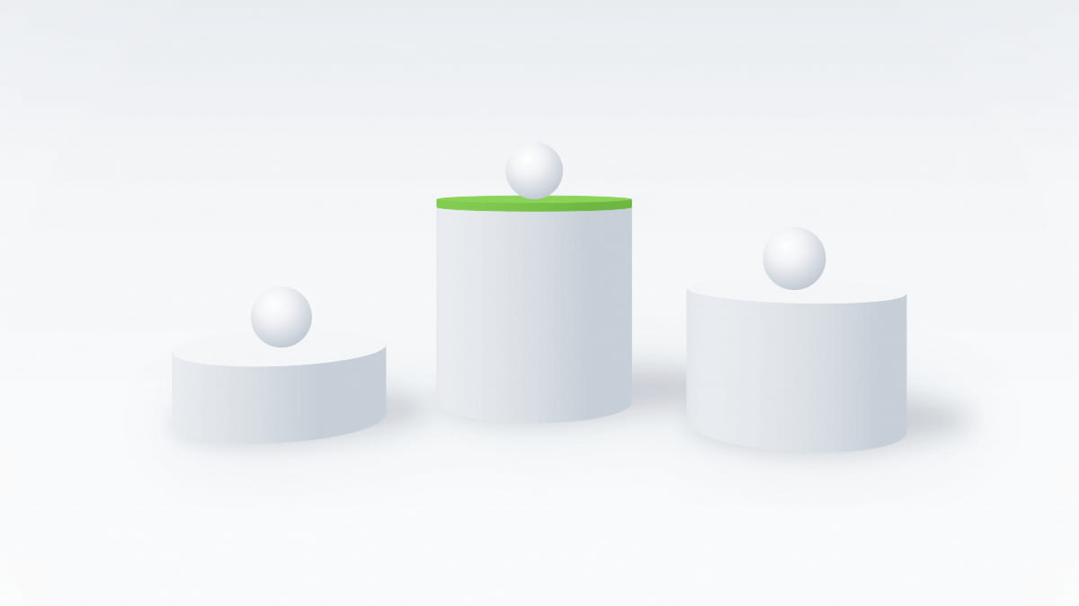 Abstract architectural illustration of three white cylindrical tiers of different heights, one topped in green