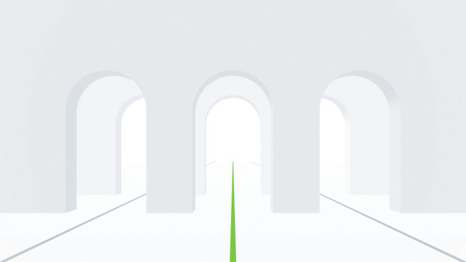 Abstract architectural illustration of three parallel arched gateways with lanes, the central lane in green
