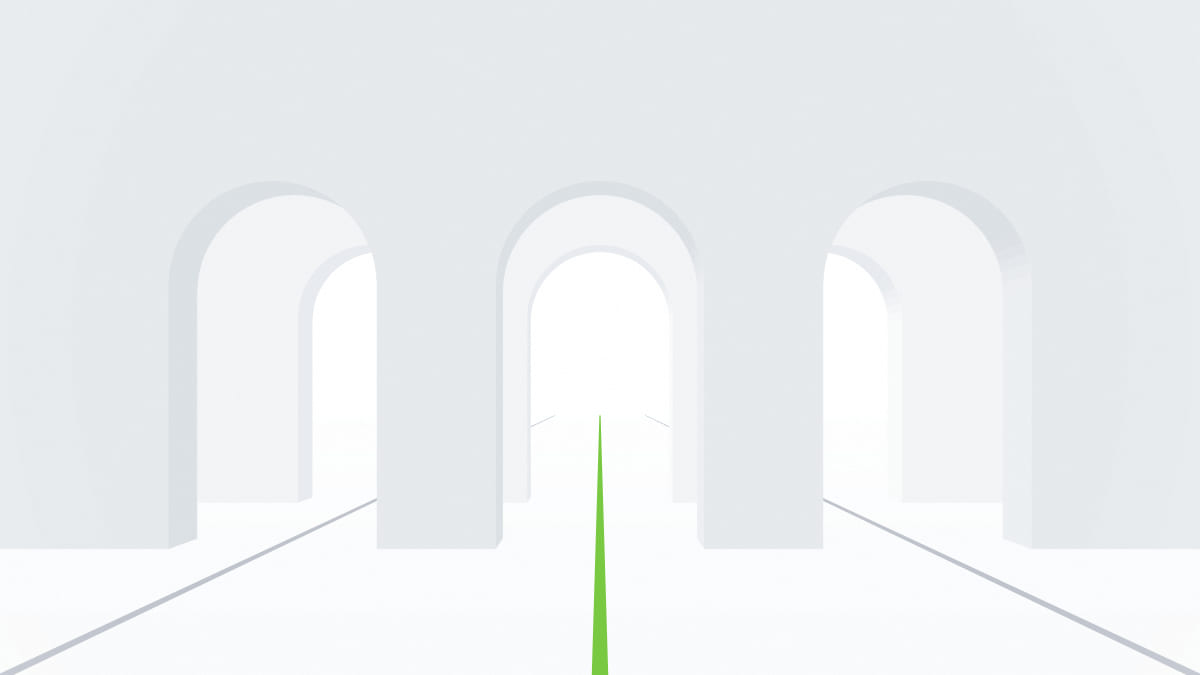 Abstract architectural illustration of three parallel arched gateways with lanes, the central lane in green