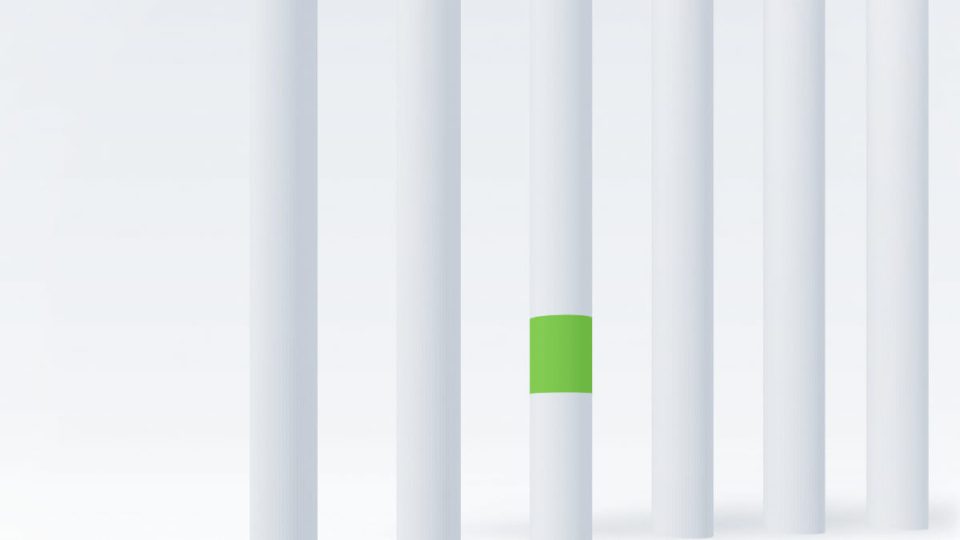 Abstract architectural illustration of a row of white columns, one carrying a green segment