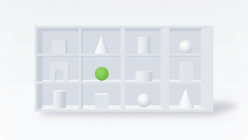 Abstract architectural illustration of a white shelving grid holding varied geometric forms, one in green