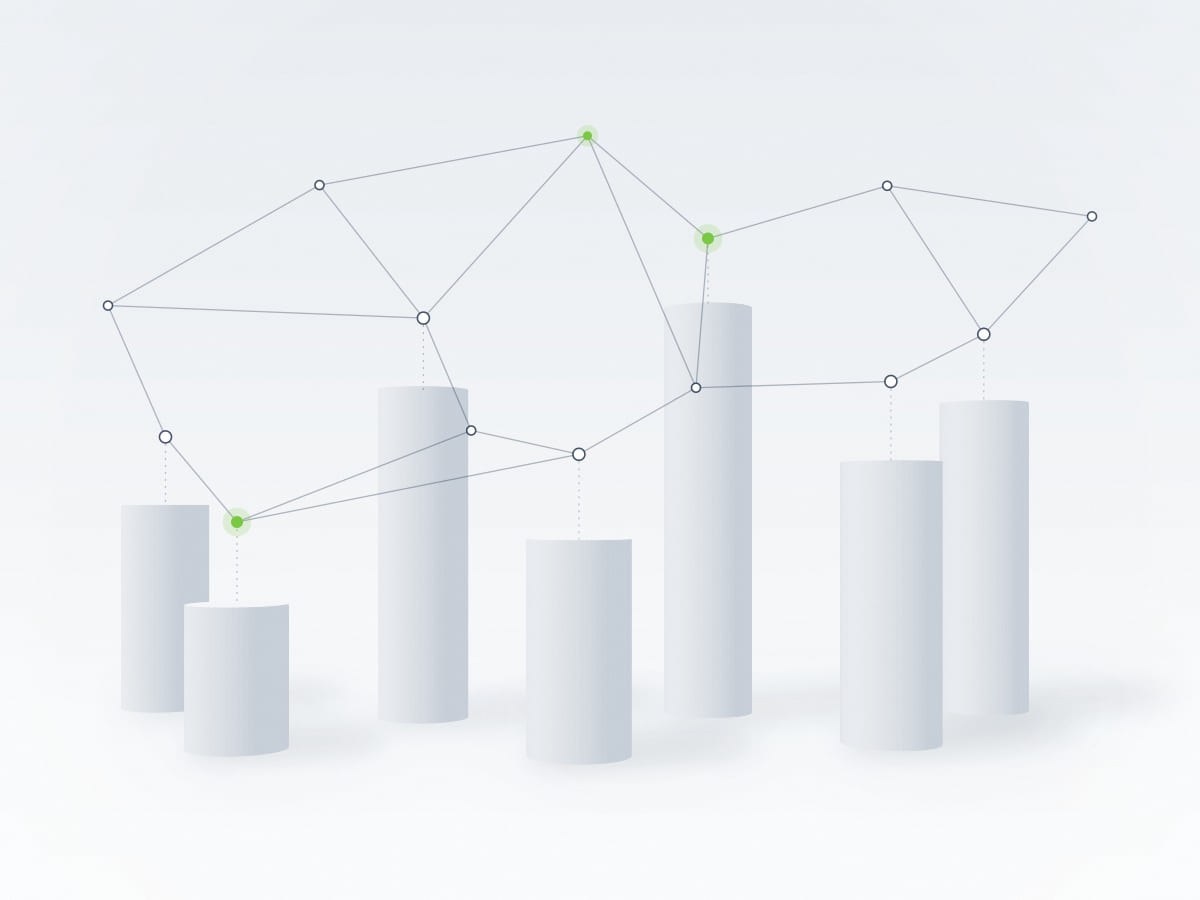 Abstract architectural illustration of white columns overlaid with a fine network of lines and nodes