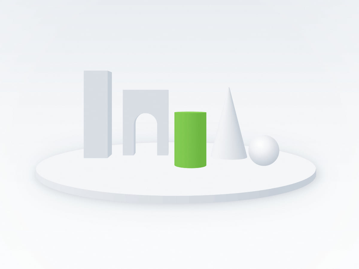 Abstract architectural illustration of distinct white standing forms with one cylinder highlighted in green