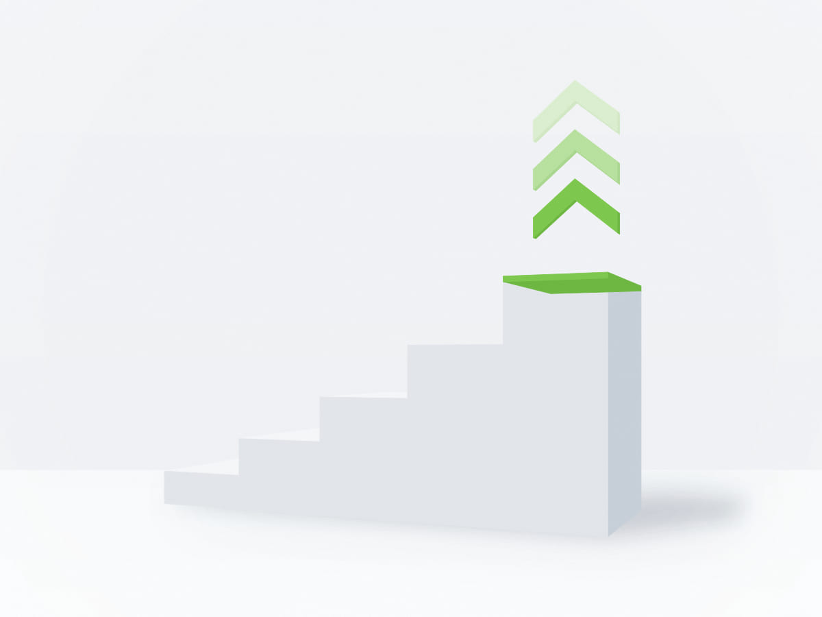 Abstract architectural illustration of ascending white steps with green upward chevrons