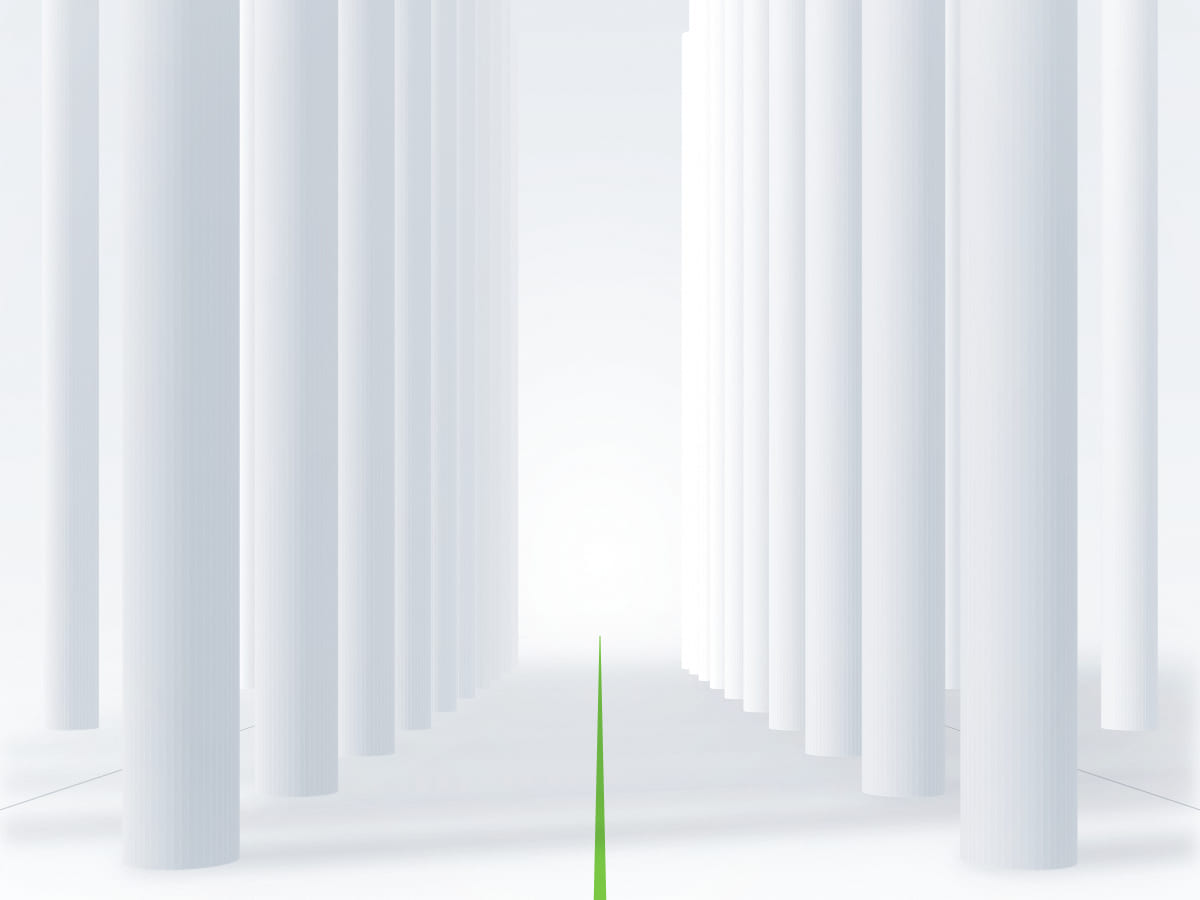 Abstract architectural illustration of aligned white pillars forming channels with a green guiding line