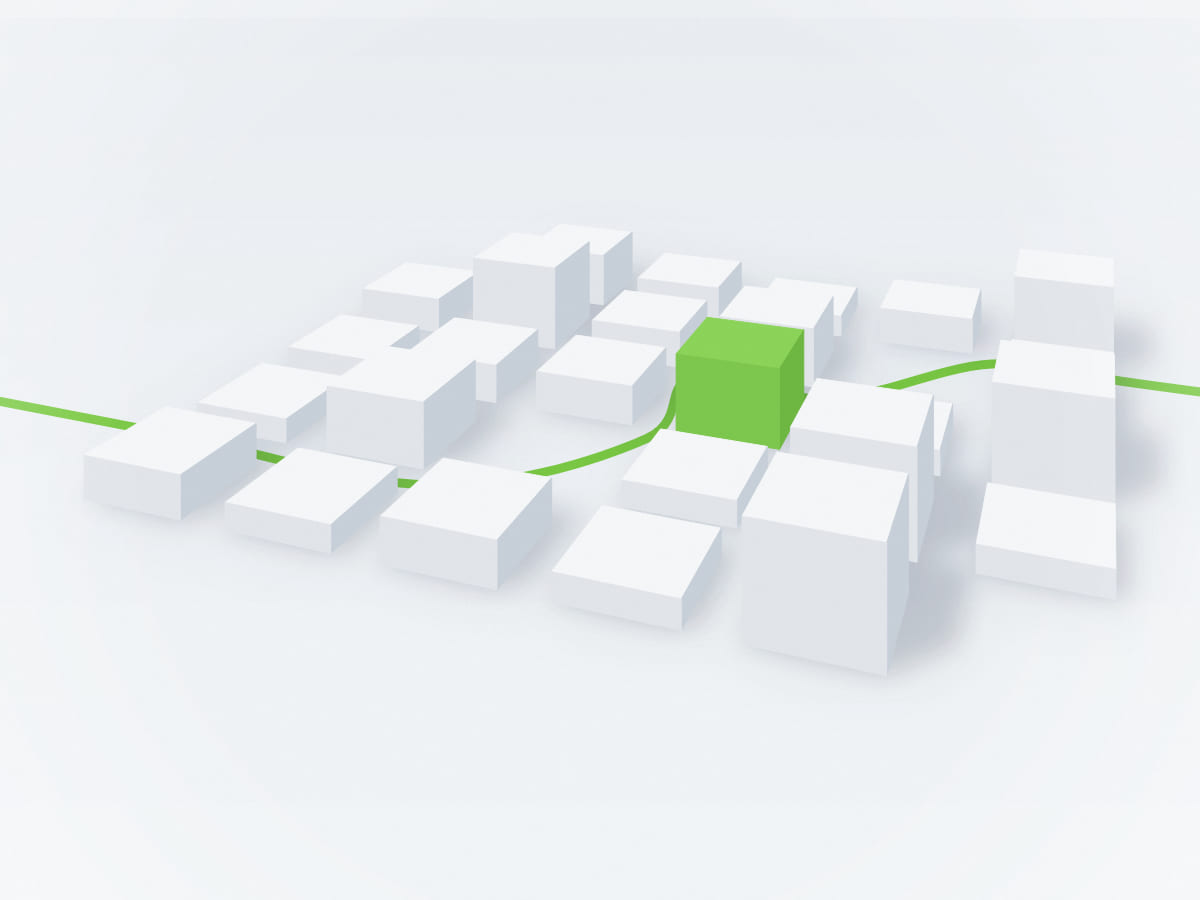 Abstract architectural illustration of a modular grid of white blocks with a flowing green path