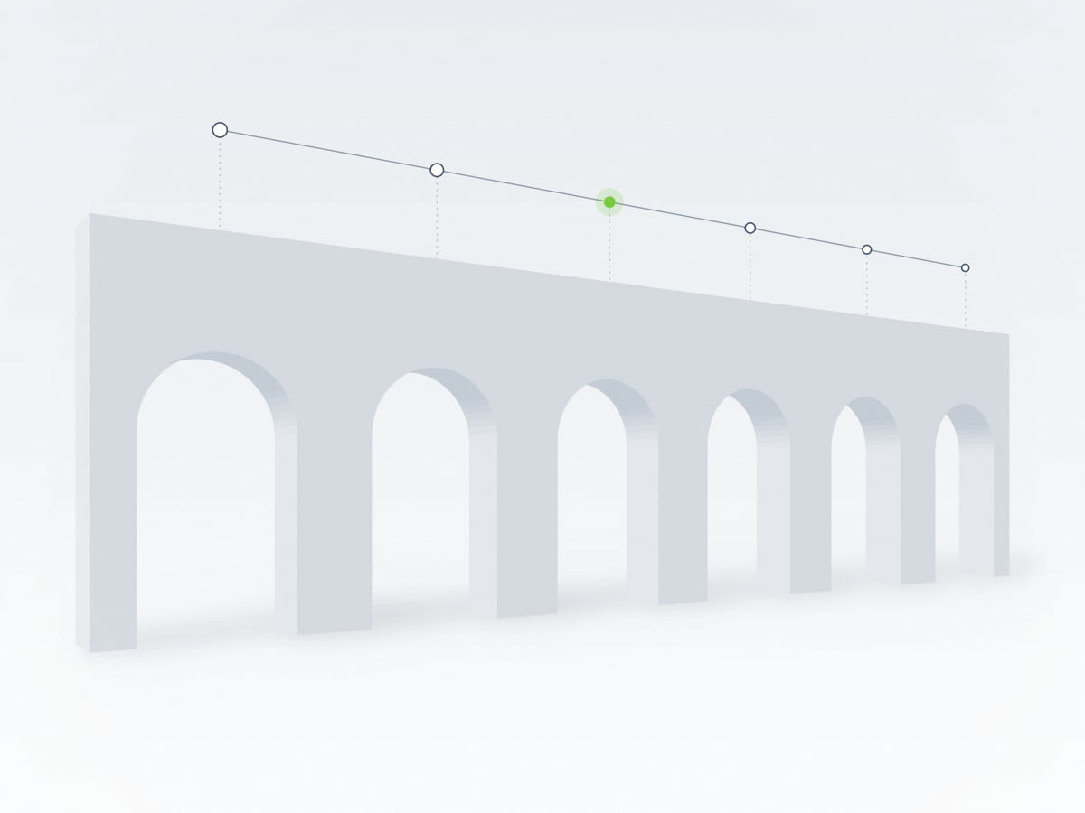 Abstract architectural illustration of a sequence of white arches linked by a line of connected nodes