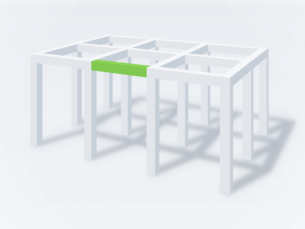 Abstract architectural illustration of an orderly structural grid of white posts and beams with a green beam