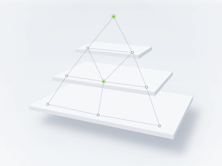 Abstract architectural illustration of layered floating white planes linked by a network of nodes