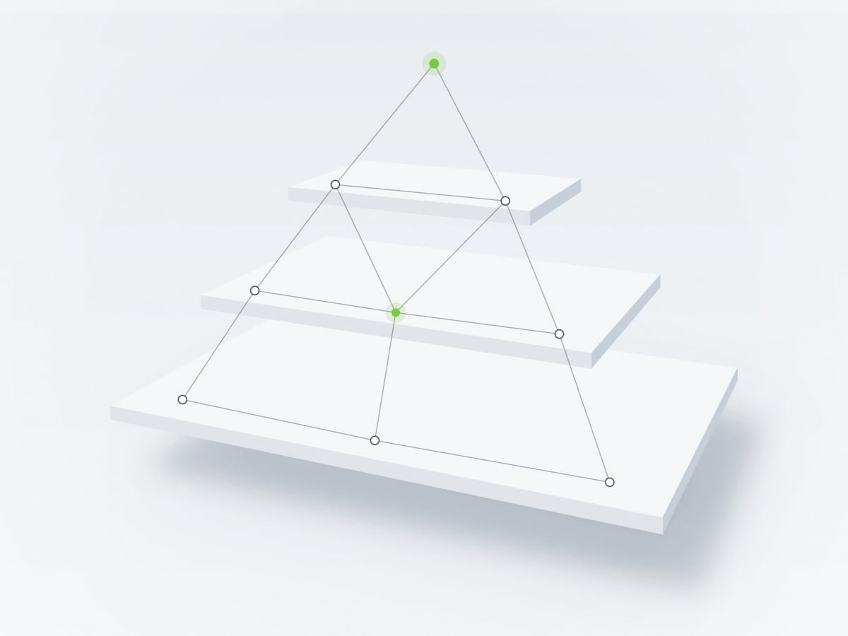 Abstract architectural illustration of layered floating white planes linked by a network of nodes