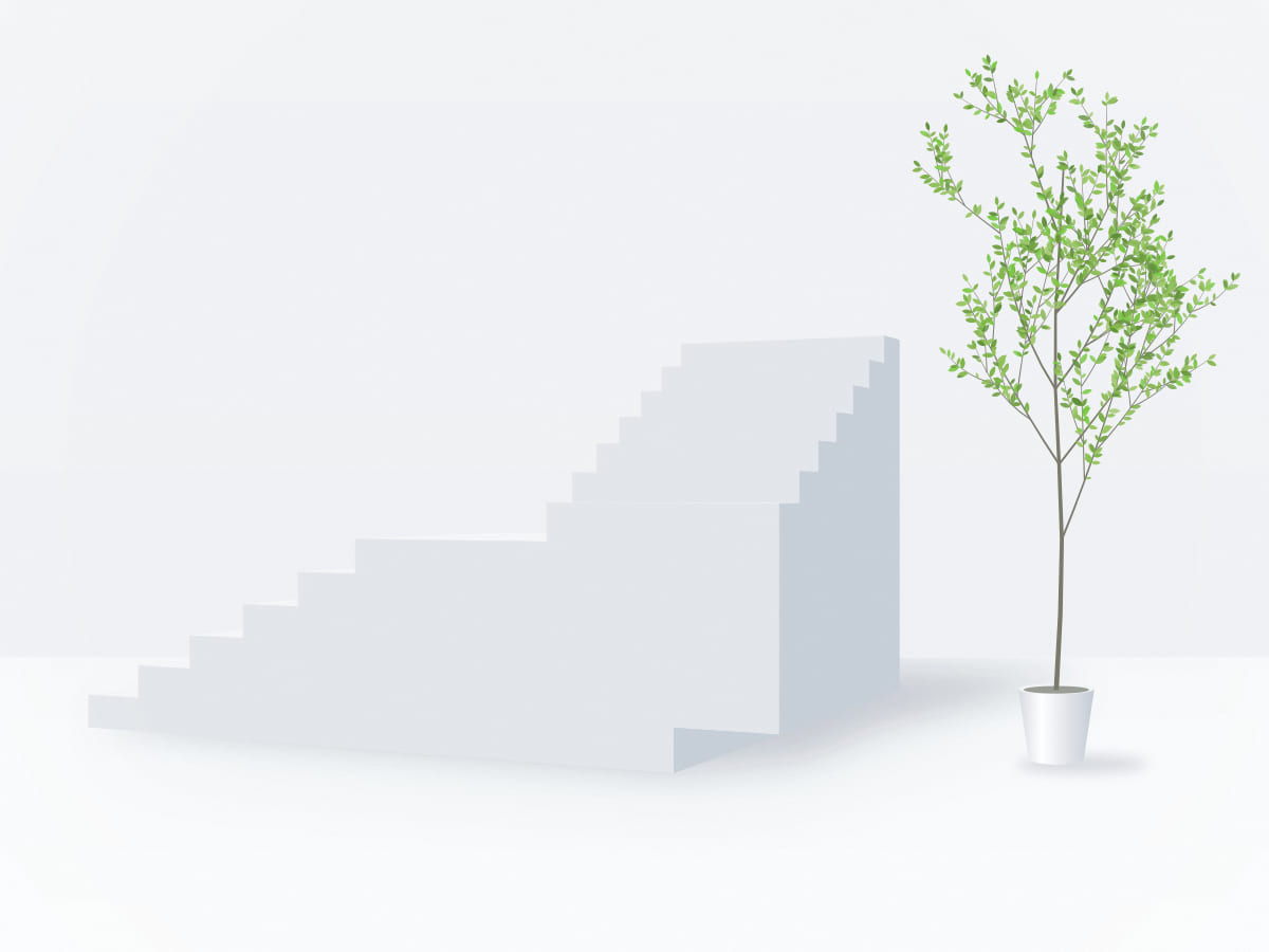Abstract architectural illustration of a white staircase with a landing and a young green plant