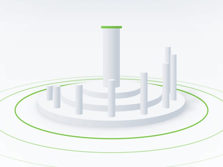 Abstract architectural illustration of circular white terraces with rising columns and expanding green rings