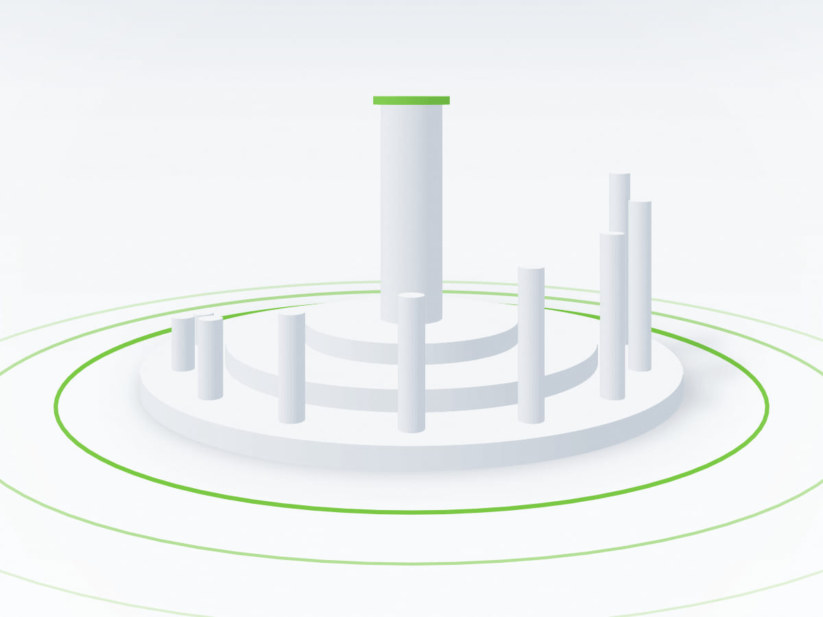Abstract architectural illustration of circular white terraces with rising columns and expanding green rings