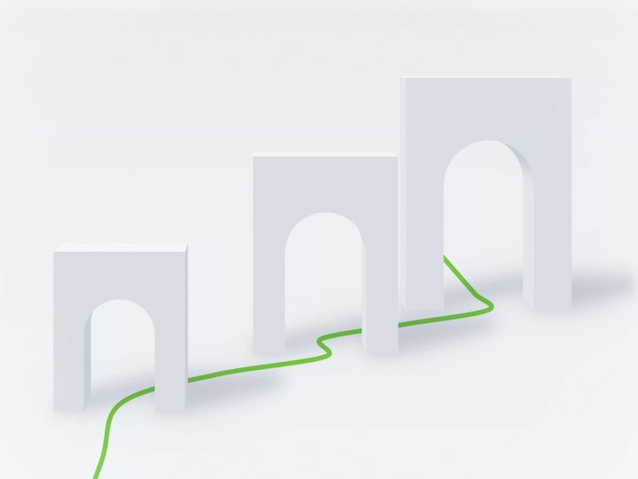 Abstract architectural illustration of three white gateways growing in size along a green path