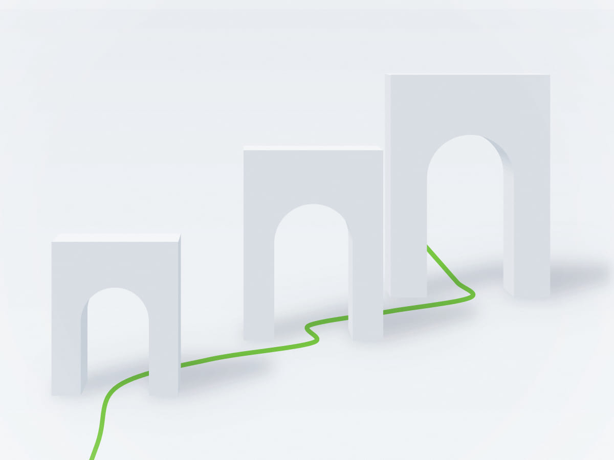 Abstract architectural illustration of three white gateways growing in size along a green path