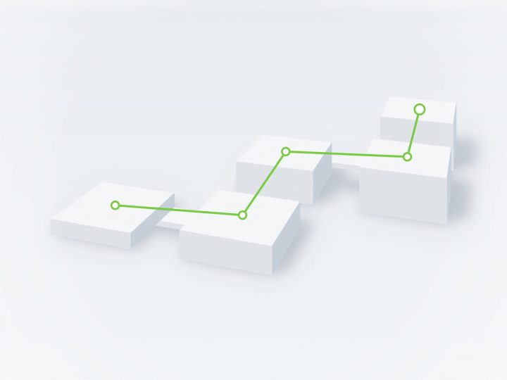 Abstract architectural illustration of white platforms connected by bridges and a green workflow line