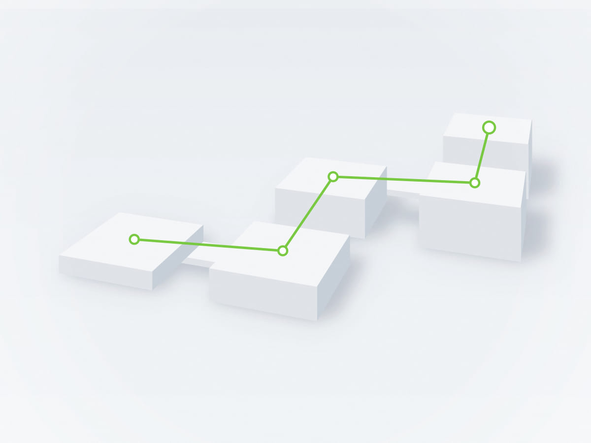 Abstract architectural illustration of white platforms connected by bridges and a green workflow line