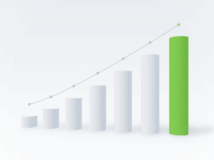 Abstract architectural illustration of white columns rising in height towards a final green column