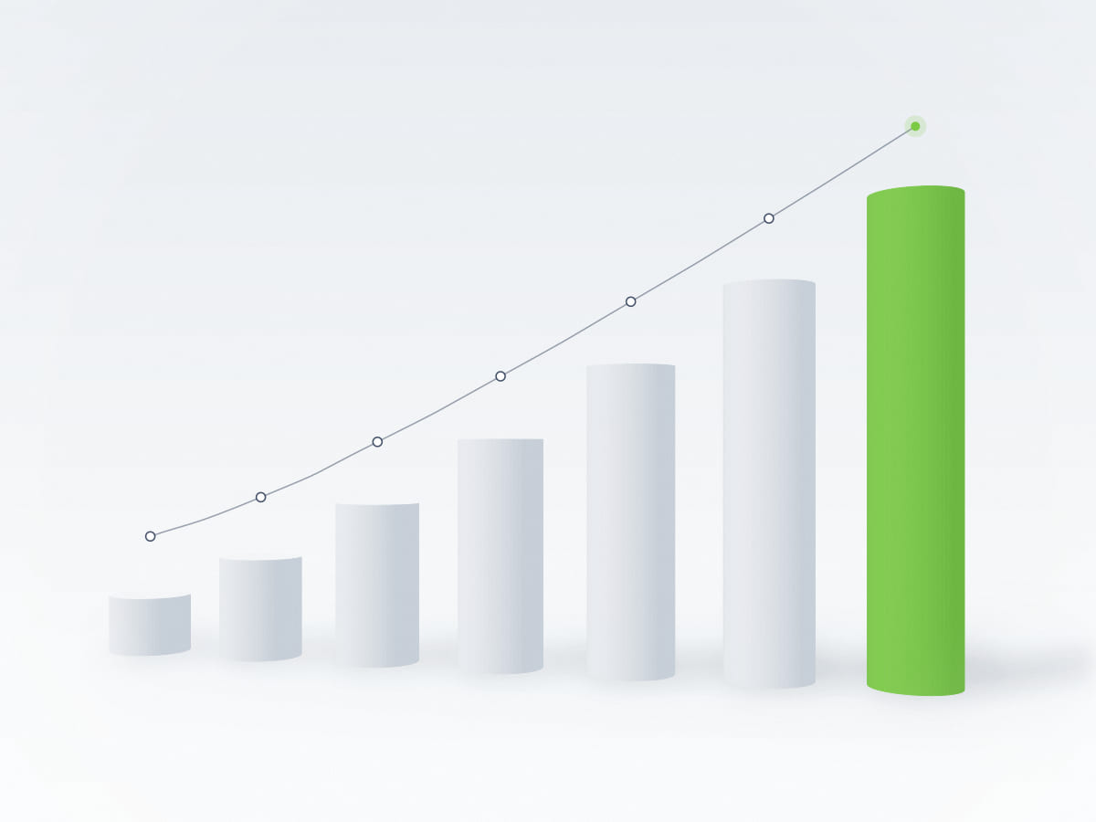 Abstract architectural illustration of white columns rising in height towards a final green column